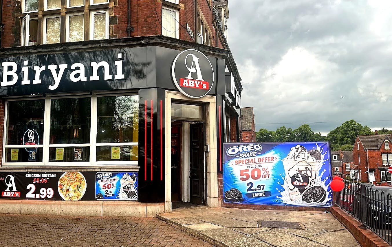 ABY's Biryani storefront at 263 Roundhay Road, Leeds